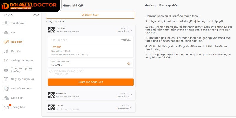 Nạp Rút Tiền dola789 2 Đa dạng phương thức giao dịch tại nhà cái